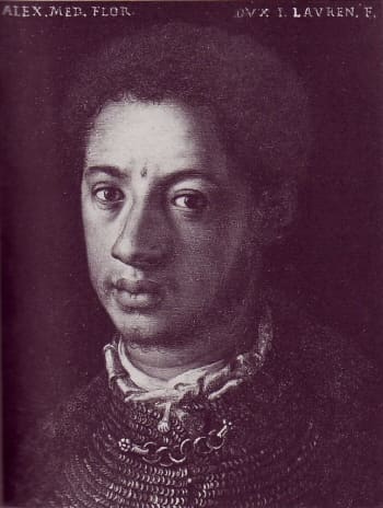 Alessandro de' Medici, called "Il Moro" (The Moor") was born in the Italian city of Urbino is 1510. His mother was an African slave named Dimonetta who had been freed