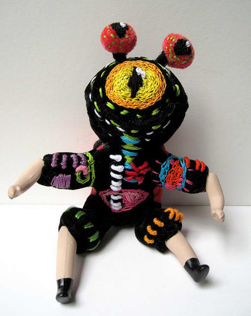 Experiment with your embroidery! This particular example is made up from an old china doll and a stuffed toy, with embroidery then added over the top - I love it!
