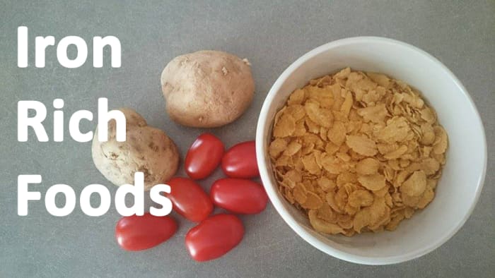 Cereal has anywhere from 1-22 milligrams of iron per serving. One baked potato has 2 milligrams. And half a cup of tomatoes has about 2 milligrams of iron as well.