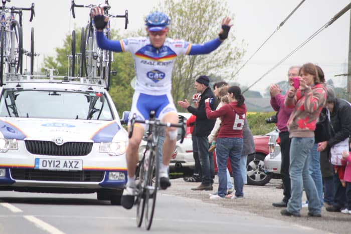Bernard Sulzberger of Team Raleigh GAC: pro cyclist winning the East Midlands Division Road Race Championships, 2012