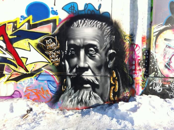 In Edmonton there's the usual high school grad graffiti on the bridges. The neophytic "your mama" graffiti on the pavement. And the unimaginative defacement of signs to no purpose. These are thoroughly uninteresting. There are, however, some examples