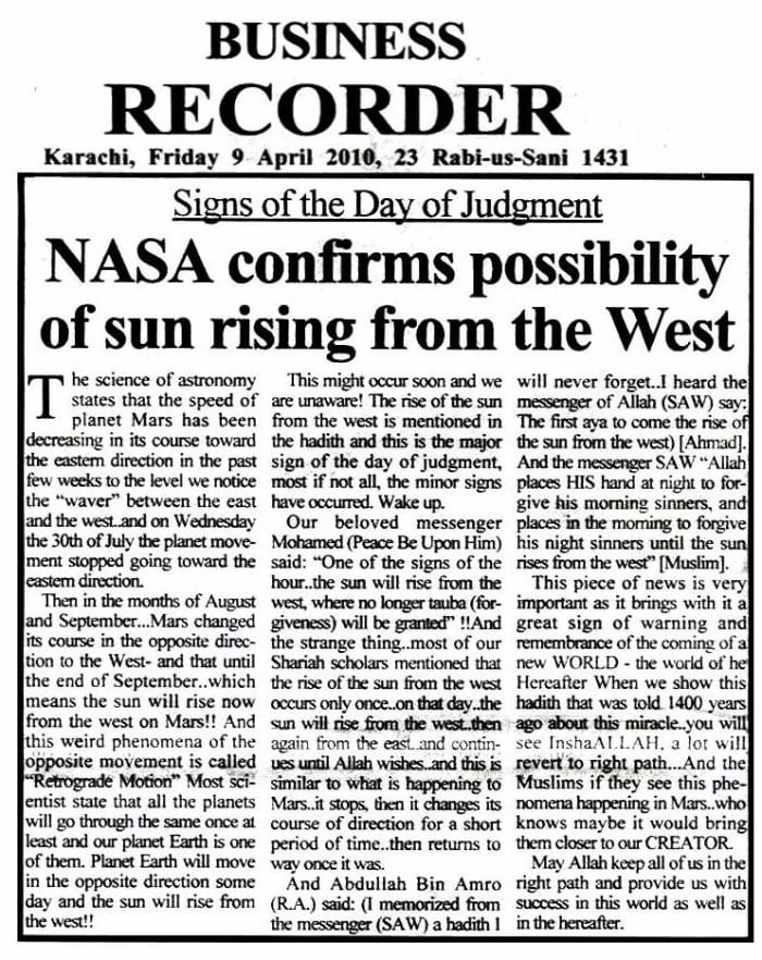 A newspaper report about NASA confirming the possibility of the Sun rising from the place of it's setting.