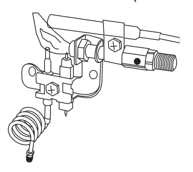In this image the gas fireplace pilot is touching the thermocouple keeping the gas flowing through the control valve.