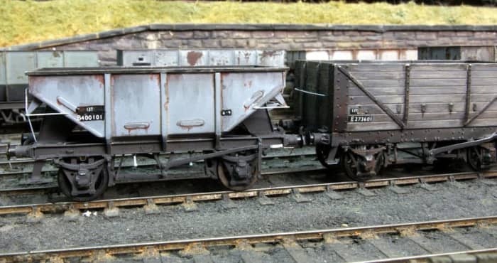 (Left) Dave Bradwell 22 ton ironstone hopper kit in BR livery - see below for a view of a real wagon