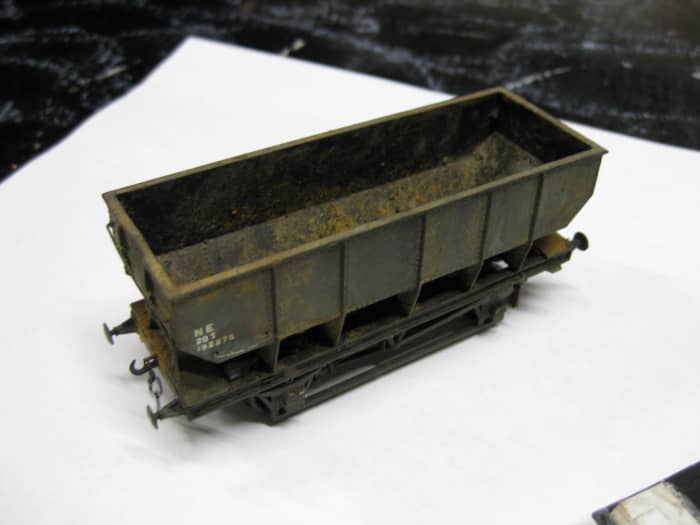 LNER-built steel hopper in mid-1940s livery prior to re-liverying to BR light grey - weathered to show heavy use (Dapol)