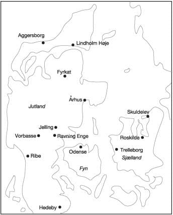 Kingdom of the Danes before Harald Gormsson ('Blue-tooth'), bordered on its south side by the pressing Frankish Empire, to the north-east by expanding Sweden and to the north-west by a growing nation-state that would become Norway.
