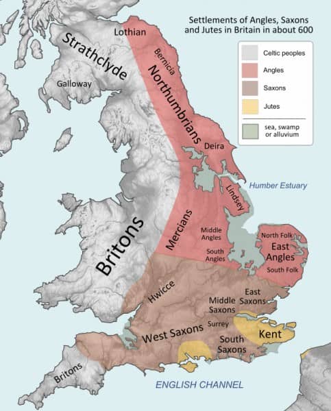 The settlement areas: the Jutes came first to 'police' southern Britain; the Aengle (Angles) entered the eastern rivers, the Humber, Ouse and Trent in the north, the Wash in the east; the Saxons settled the south and south-west