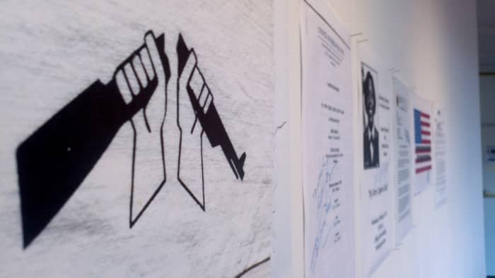 A War Resister's League banner gathered at a Howard Zinn appearance: flier signed by then-Senator Bob Graham at the Council On Foreign Relations; another signed by Iraq POW Shoshana Johnson (at Nassau Community College); and the below pieces.