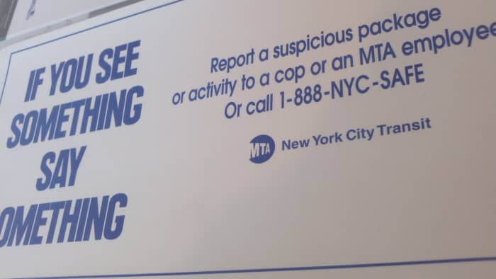 Image of a card from the See Something Say Something suspicious package or activity awareness campaign which began in late 2002 by the MTA (New York City Transit). The Department of Homeland Security took it national in 2010.