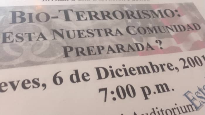 Flier I collected at another public town hall meeting, this time addressing terrorism after the anthrax attacks. It took place in Washington Heights at Columbia University Medical Center.
