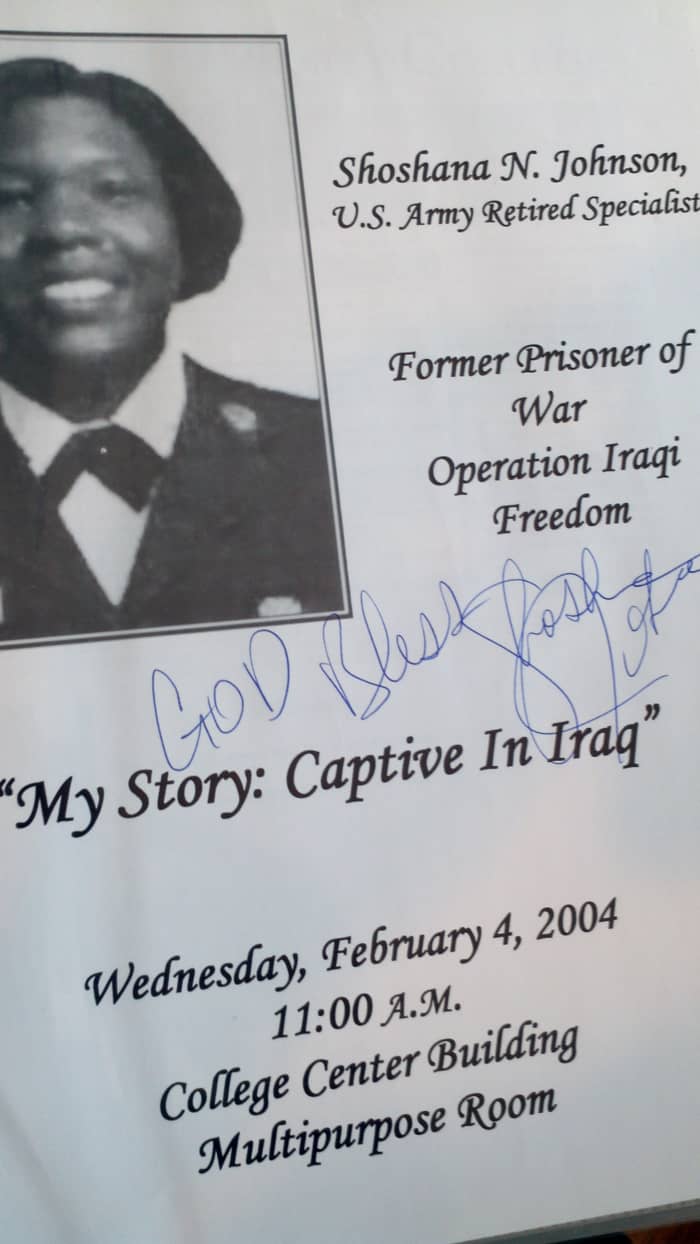 Also highlighted on the wall of the gallery, this flier was signed by former-Iraq POW Shoshana Johnson at her first public appearance. It took place at Nassau Community College.