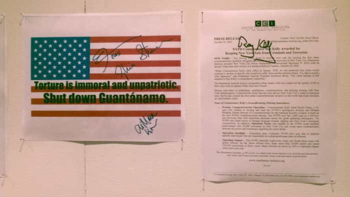 Flier left includes the autographs of Eve Ensler and Gloria Steinem. Next to it a media release I gathered when NYPD Commissioner Ray Kelly was honored for protecting NYC from terrorists (at the Grand Hyatt).