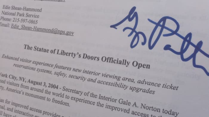 I collected the above and below items at the re-opening ceremonies of the Statue of Liberty... on August 3, 2004 on Liberty Island. The autograph is of then-New York State Governor George Pataki.