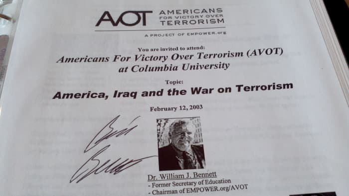 This autographed flier documents when Dr. Bill Bennett, Amb. Paul Bremer, James Woolsey and others came to NYC to endorse the pending invasion of Iraq... to look for WMD and change its leadership.