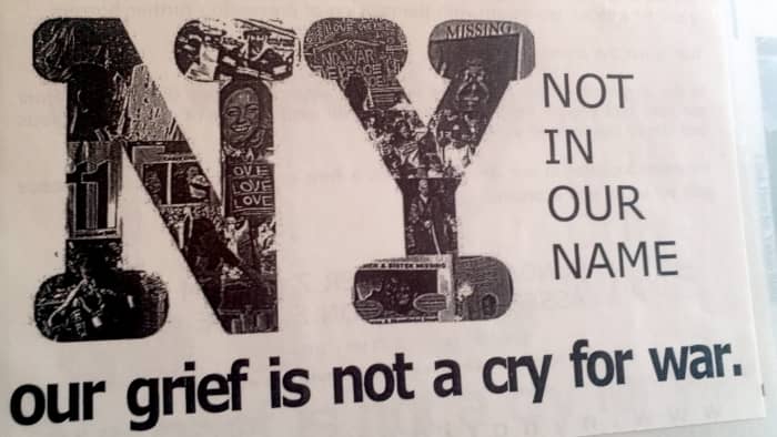 Flier from an interfaith ceremony I attended at Union Square Park the very day the U.S. invaded Afghanistan (October 7, 2001). After it a march to Times Square by several hundred people opposed to war took place.