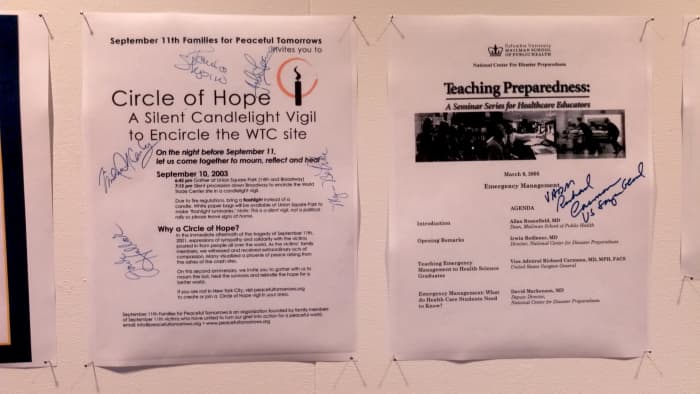 The piece on the left was signed by four Peaceful Tomorrows activists (at Union Square Park); next to it a flier autographed by then U.S. Surgeon General Admiral Richard Carmona (at the New York State Psychiatric Institute).