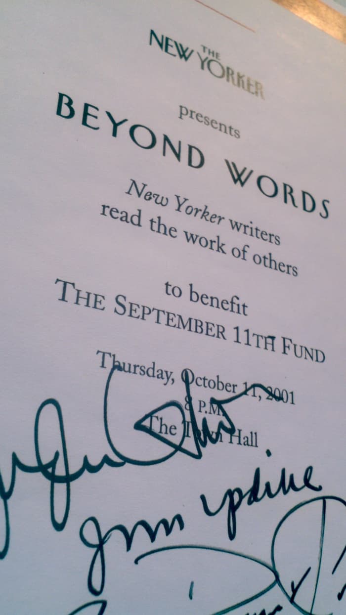 Program from a fundraiser held at the Town Hall, signed by writers Jhumpa Lahiri, Donald Antrum and the now deceased John Updike and Grace Paley.