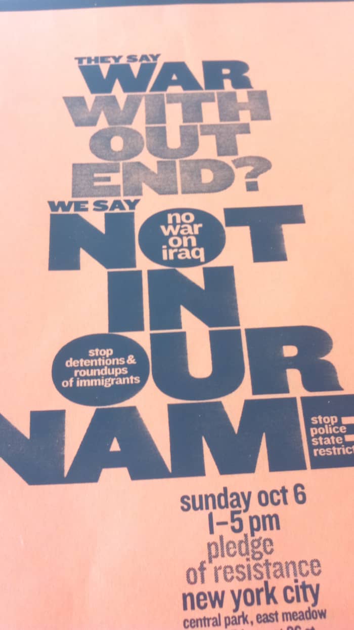 Image of one of dozens of fliers and other event memorabilia I gathered at the huge anti-war rally on October 6, 2002 in Central Park.