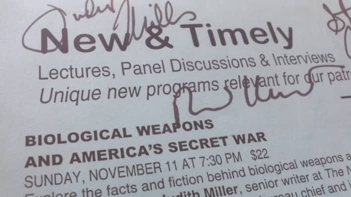 Flier marking when then-New York Times journalist Judith Miller, Jerome Hauer and others were addressing biological and chemical weapons (at the 92nd St. Y).
