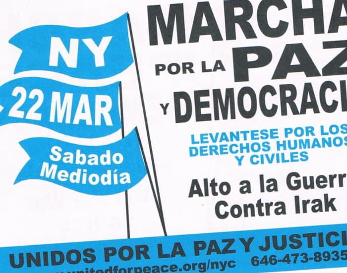 A huge march down Broadway against the U.S. invasion of Iraq took place on March 22, 2003. An estimated 250,000 people joined the demonstration.