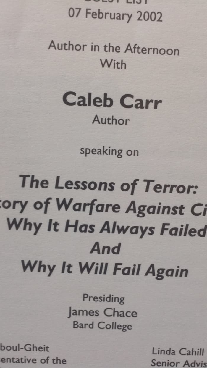Program flier from a book talk at the Carnegie Council featuring war historian Caleb Carr (on February 7, 2002).