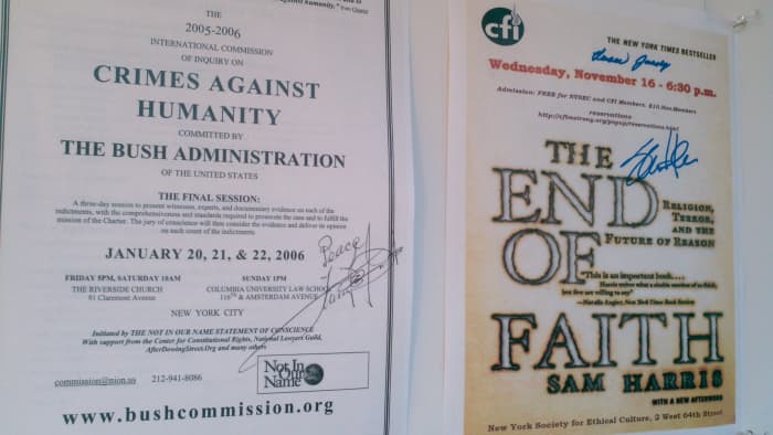 Flier left was signed by Harry Belafonte (at Riverside Church); next to it one signed by religion critic Sam Harris (at the New York Society for Ethical Culture).