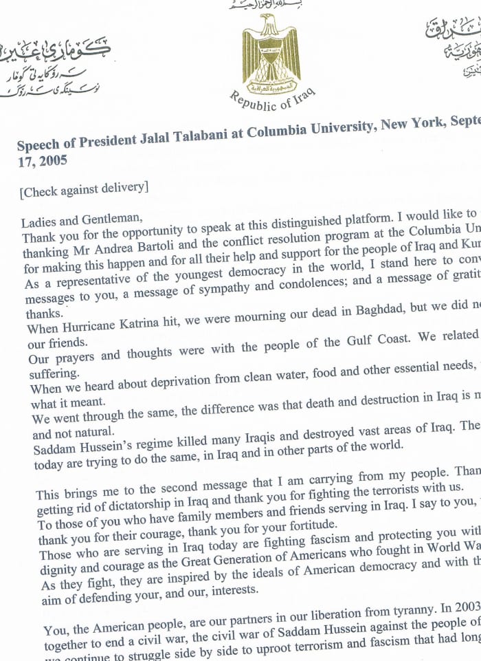 This is a copy of the first page of the speech Jala Talabani, the President of Iraq, gave to a large audience at Columbia University on September 17, 2005.