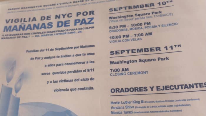 Another flier I obtained the evening of the first anniversary of 9/11... an all night vigil calling for peace at Washington Square Park.