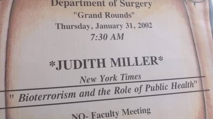 Flier marking when Judith Miller spoke at NewYork-Presbyterian Hospital/Columbia. Google her for another extremely interesting post-9/11 journey.