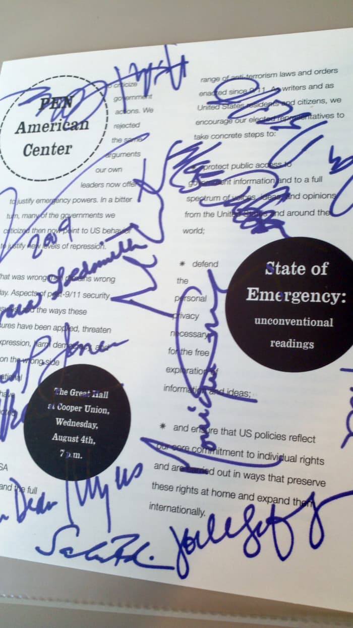 This anti-war literary event (on August 4, 2004), featured PEN American Center members, writers Monique Truong, Walter Dean Myers, Sir Salman Rushdie, Margo Jefferson and others.