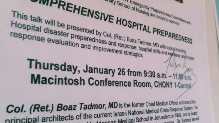 Also exhibited on the gallery wall, this hospital event flier was signed by Col. (Ret.) Boaz Tadmor, MD (on January 26, 2006). At it he spoke about how he treated victims of terrorism in Israel.