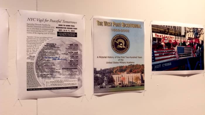 L to R: Flier I collected on the eve of the first anniversary of 9/11; publication from the West Point graduation when Bush spoke about pre-emptive strike for the first time in public; picture I took at a protest on 34th St. next to Macy's.