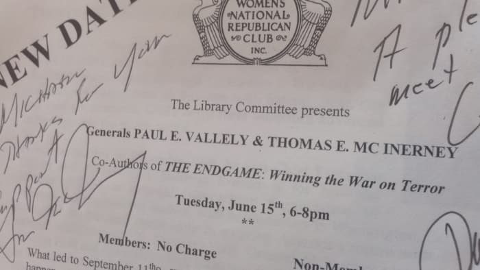 Announcement signed by Deputy General Paul E. Vallely, U.S. Army (Ret.) and Lieutenant General Thomas E. McInerney USAF (Ret.) on June 15, 2004 at their book talk. At the time they were consultants with Fox News.