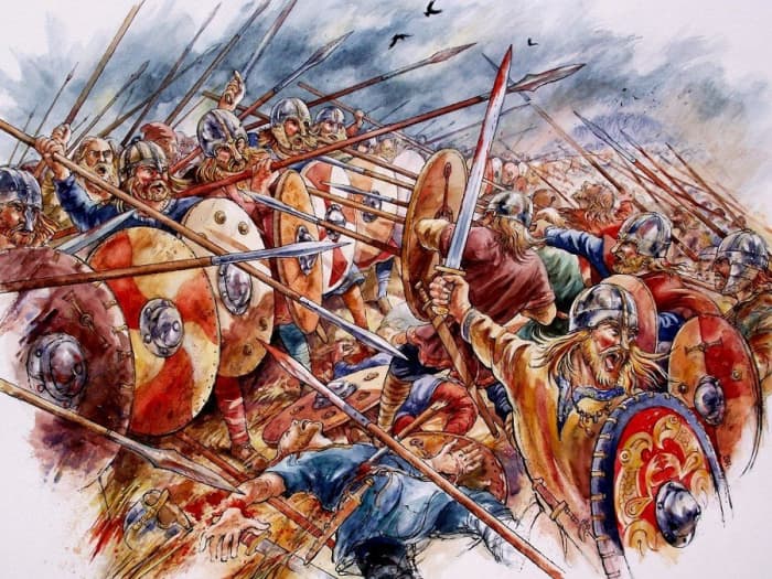 Tried and tested defensive formation. The shieldwall holds off an un-concerted attack, with shields overlapping, spears pointed outward. Harder is when shieldwalls meet, the stronger pushes the opposition back until it breaks