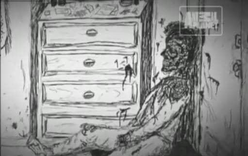 Artist rendering of Ron Huff, allegedly killed by a bite inflicted by one of his monitor lizards, and then eaten by them.