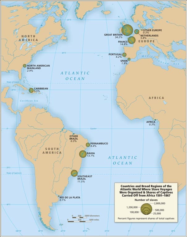 Countries and regions in the Atlantic World where slave voyages were organized, by share of captives carried off from Africa