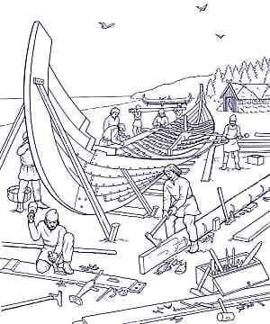 Drawing of shipyard builders, showing the various activities involved, such as trimming strakes (lower right)