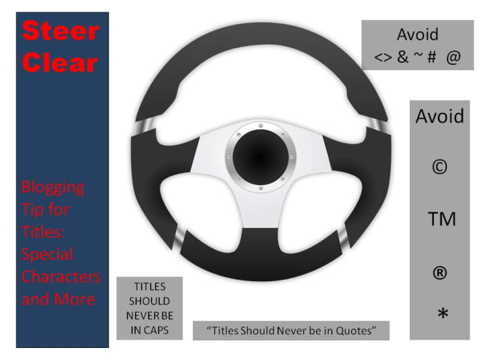 special characters to steer clear of in blog titles in colorful poster form with steering wheel