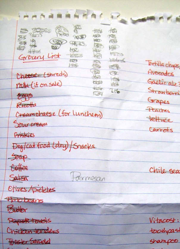Here's my grocery list. I've crossed things out, written my tallies, folded it, wrinkled it—it's served me well.