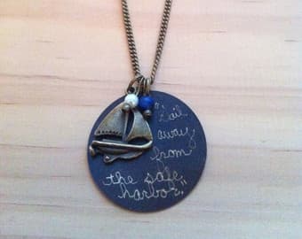 silver and blue necklace pendant with Mark Twain motivational quote - sail away from the harbor