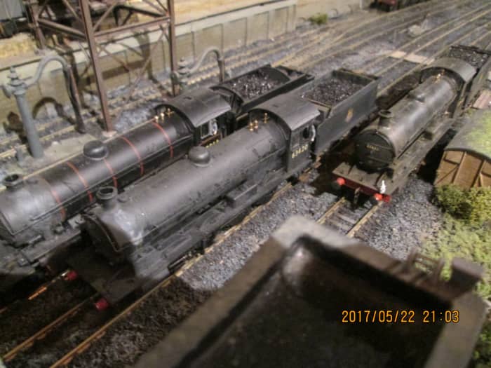 A pair of (Hornby) Q6 0-8-0 locomotives (63443 and 63420) and K1 2-6-0 62064 rest between turns at Ayton Lane mpd. See section on Ayton Lane below