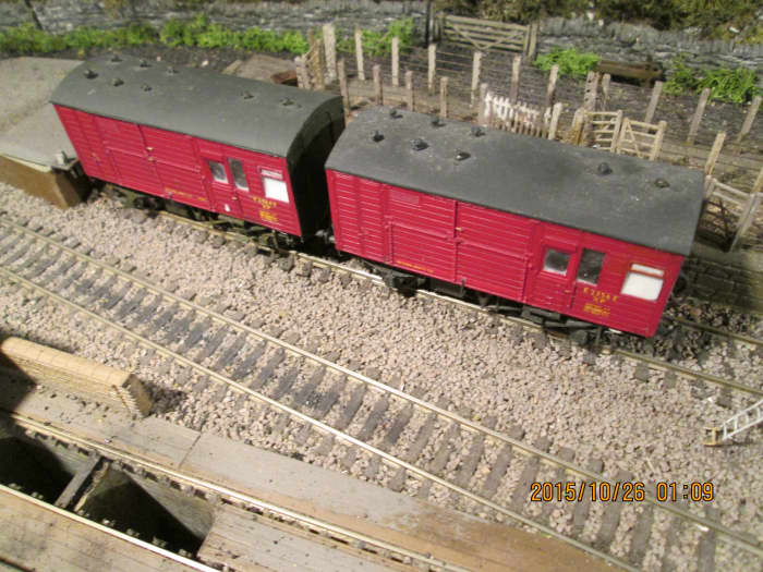 A pair of Parkside LNER horseboxes in British Railways' livery stand at the cattle/horse dock awaiting collection. The service was eventually dropped with private road contractors and stables taking over (as with cattle traffic) by the 1960s