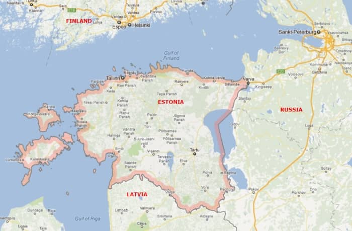 Estonia (extreme northeast of the European Union), population 1.3 million, area 17,500 sq miles (45,000 sq km).