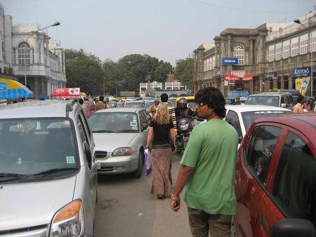 Cannaught Place in Delhi. These all are standard transmission cars driving here. This is something known as bumper to bumper traffic where there is just a finger space between you and the car behind and front of you making 1st gear very important.