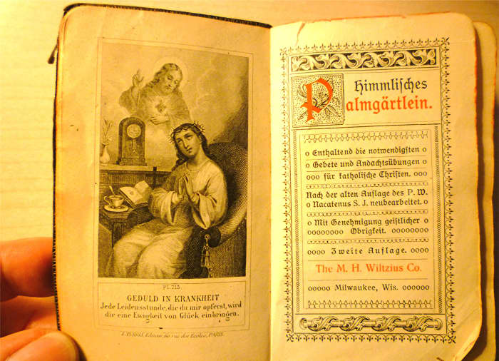 Beautiful illustrations inside of my grandmother's little antique German prayer book.