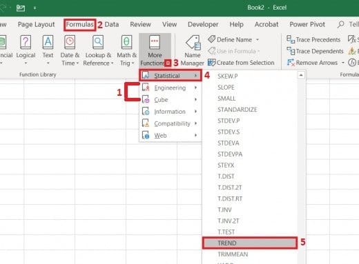 To insert the TREND function from the formula tab you must first navigate to Formulas→More Functions→Statistical→TREND