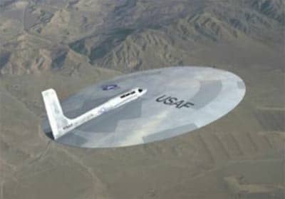 This Lenticular Reentry Vehicle (LRV) as a working aircraft used by the USAF. It is nuclear powered according to the sources and can fly into low earth orbit and deliver a nuclear punch.
