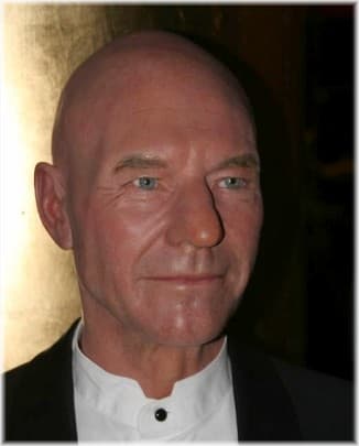 ...with piercing blue eyes and a slim, clean-shaven face. He is wearing a crisp white shirt and black jacket. Even though he is bald, he is quite handsome and distinguished.