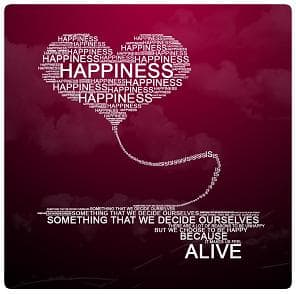 Happiness Motivational Poster in red with white wording shaped in a heart detailing that Happiness is something we decide for ourselves