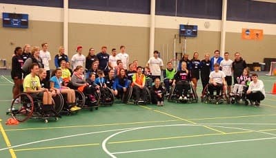 University of Mary soccer players team up with Dreams in Motion to help kids with mobility challenges play wheelchair soccer.